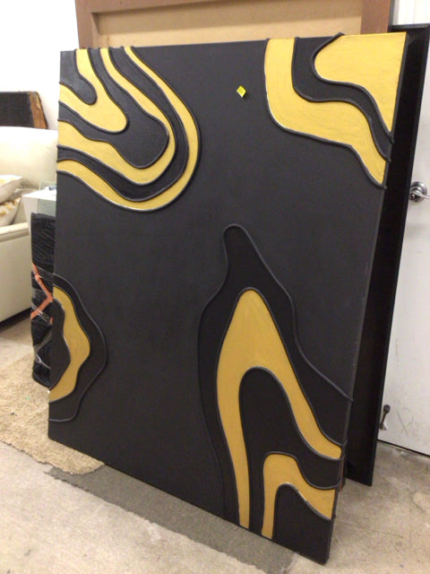 48" X 60" Black & Gold Abstract Oil Painting On Canvas