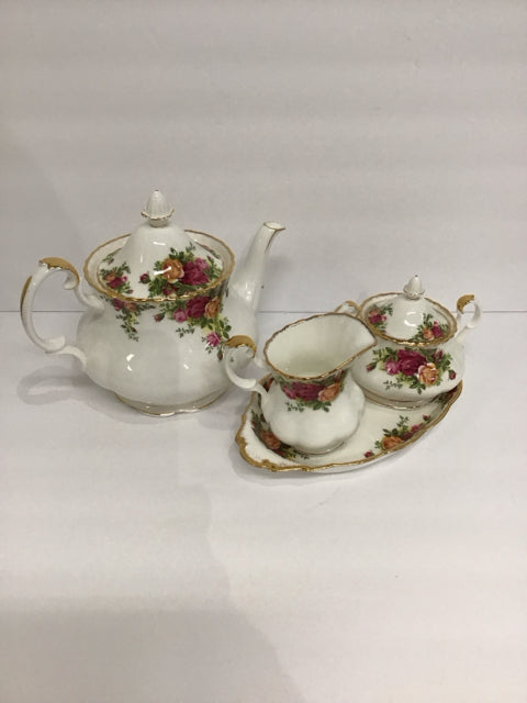 Country Old Roses China w/Teapot/Creamer Sugar & Plate