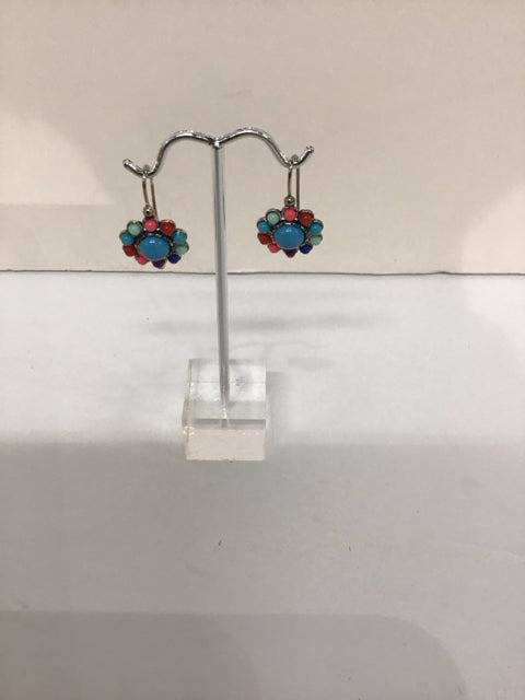 Silver Earrings w/Rd Multicolor Beads