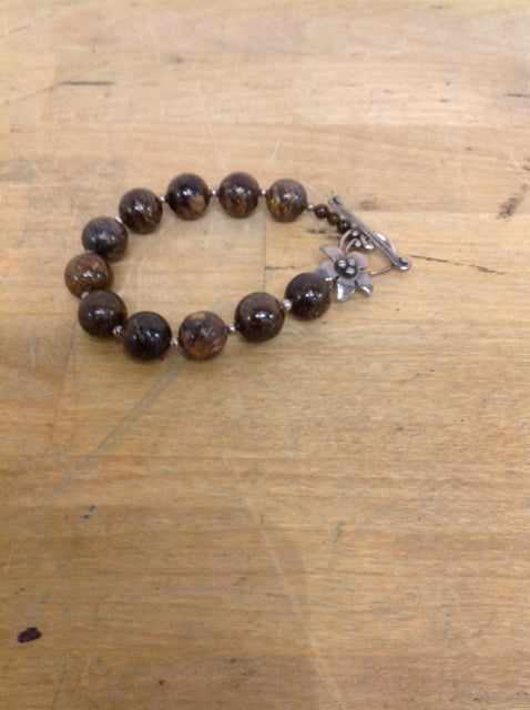 Bracelet- Brown Beaded Silver Flower