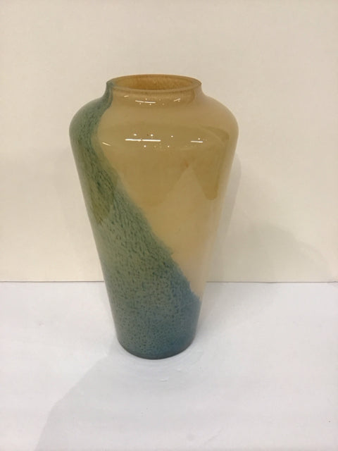 14" Art Glass Green/Tan Abstract Vase