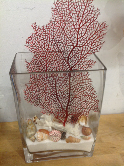 Vase- 11" Clear Glass W Shell & Coral