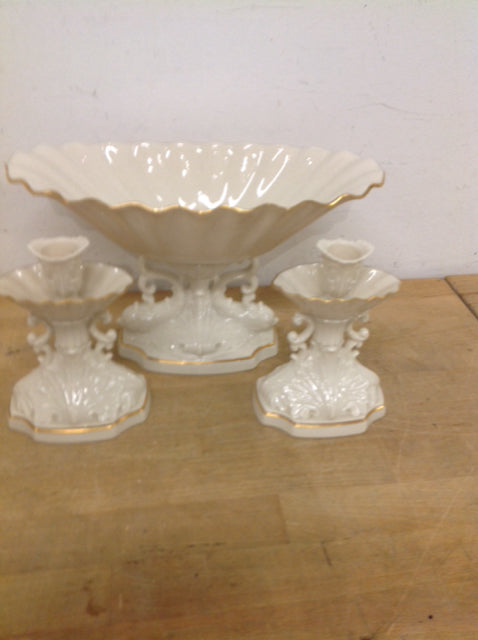 Bowl- 3 Pc Lenox Gold Rim W Candle Holders