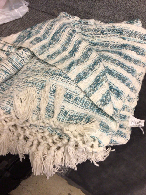 Magnolia Home Teal & White Lolo Fringe Throw