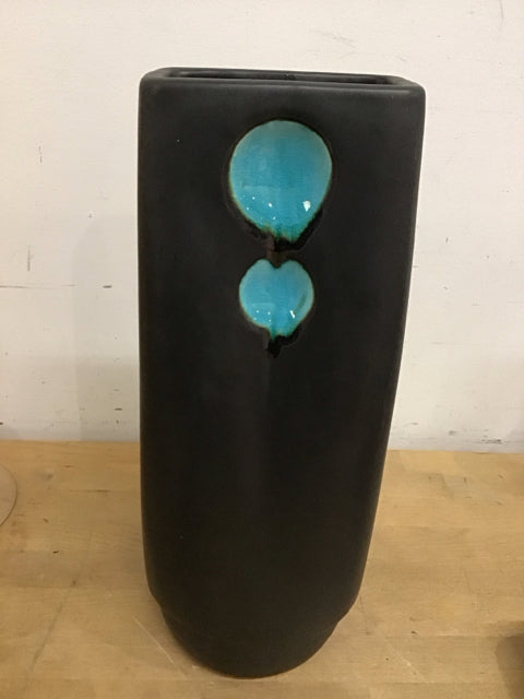 16" Matte Black 2 Dot Glazed Turquoise Vase
