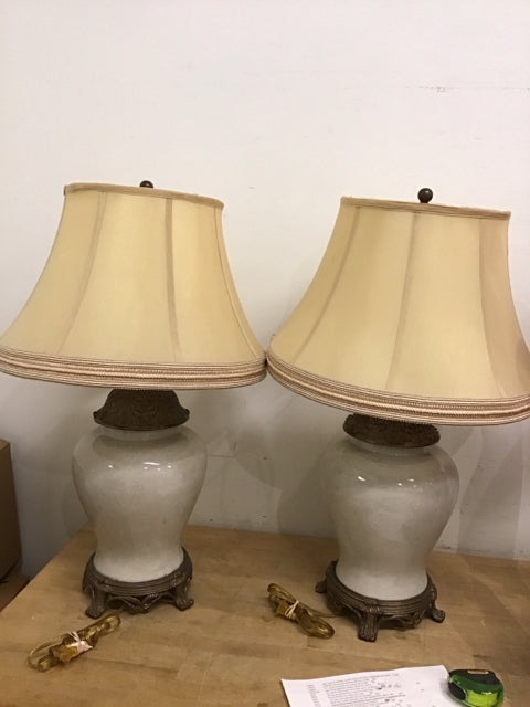 Pair Of 31" Crackle Ceramic Ornate Base Lamps