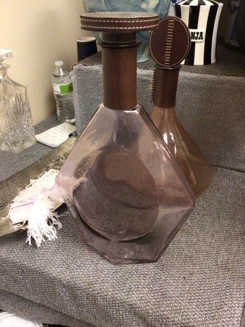 Light Purple Glass Decanter W/Leather Wrapped Oval Top