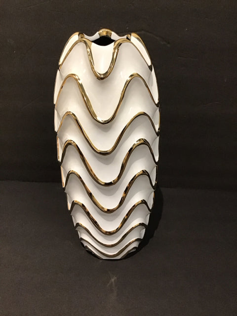 White Abstract Ceramic Vase w/Gold Waves