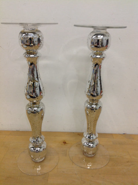 Candle Holders - 19" Pair Of Silver Mercury Glass