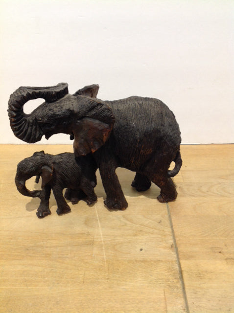 10"x8" African Black Wood Carved Elephant & Cub