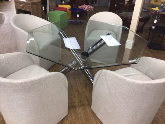AS-IS 60" Octagon Glass Top Chrome Jax Base Dining Table(Scratches In Glass)