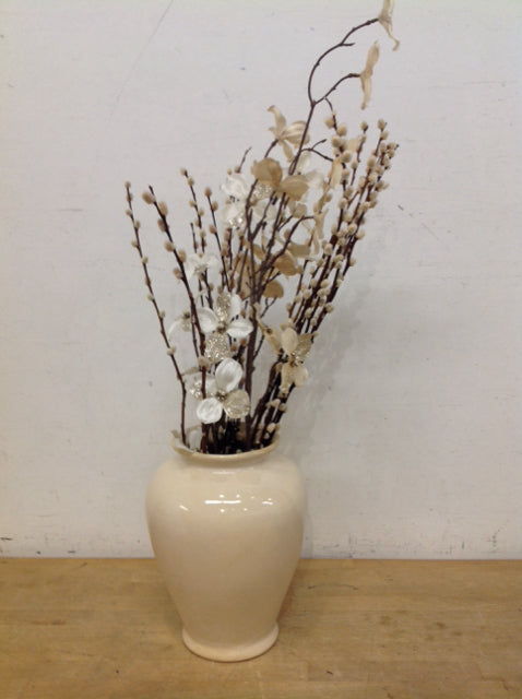12" Tan Ceramic Vase w/Pussy Willows