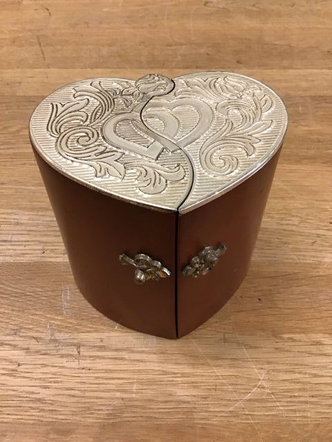 6" Wood Heart Jewelry Box Silver Engraved Top