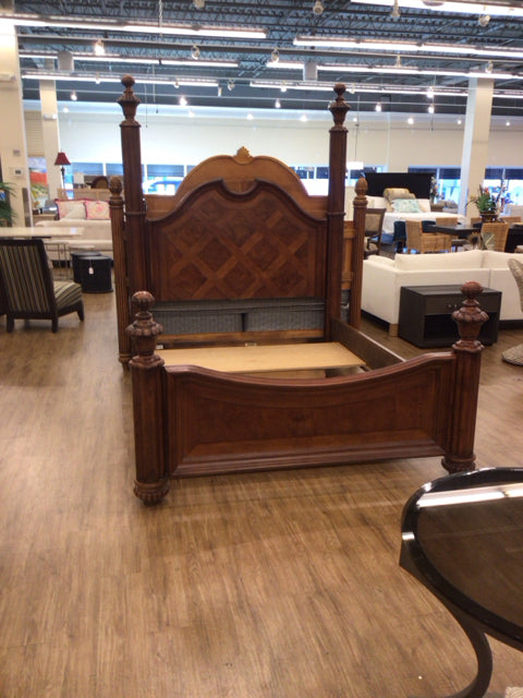 Carved Wood Panel Queen Four Poster Bed
