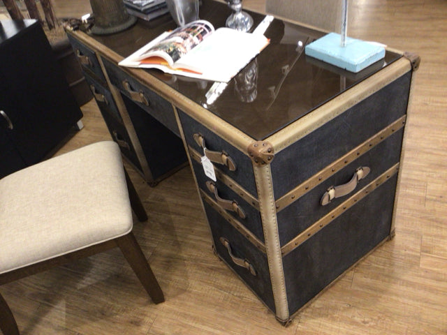 AS-IS RH Metal & Leather Wrapped Desk(Inside Drawer Damage/Marks On Drawers)
