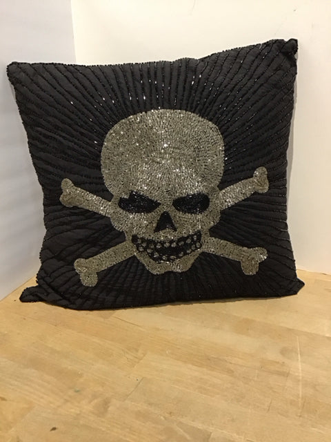 Black Bead Skull Pillow w/Sequins