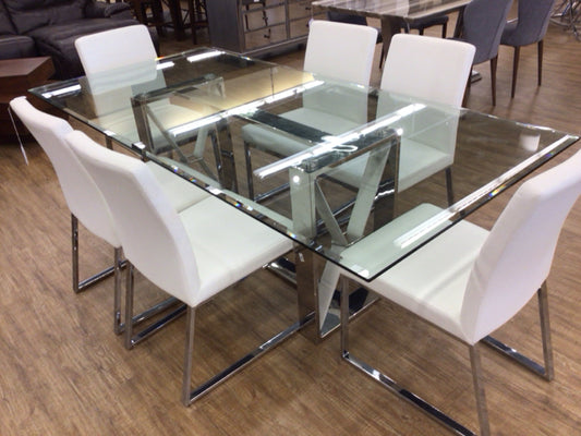 As-Is Rectangular Glass Top Stainless Steel Base Dining Table