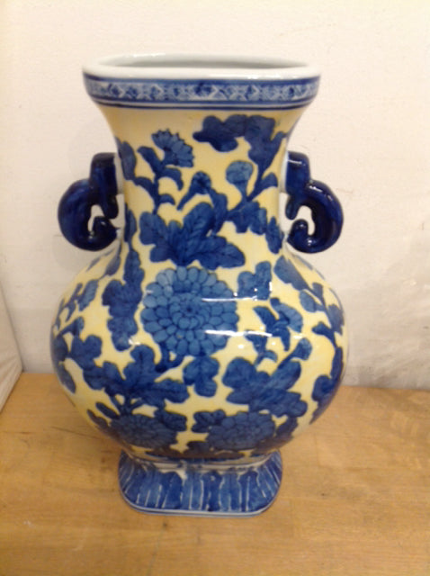 Vase- 14" Asian Ceramic Yellow & Blue Floral