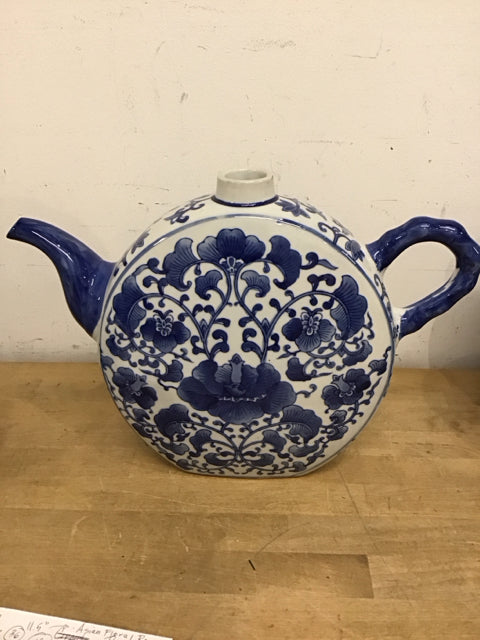 11.5" Blue & White Asian Floral Teapot As Is