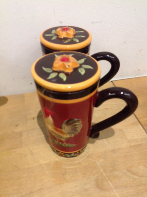 Set Of 2 Red Roaster Ceramic Coffee Mugs