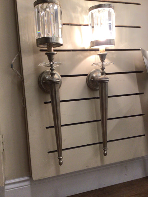 Pair Of Silver Glass Accent Sconces W/Glass Shades