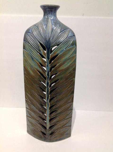 21" Blue/Tan Enameled Ceramic Vase