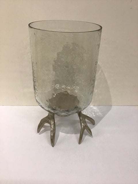 Glass Hurricane Lamp w/Metal Antler Base