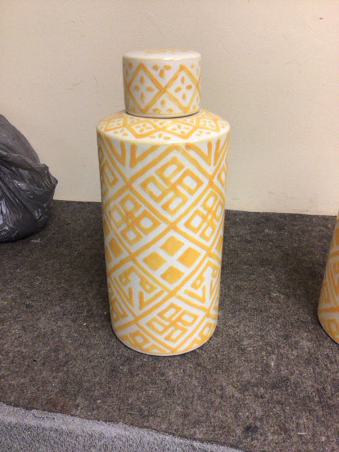 14" Cream/Orange Pattern Ceramic Jar W/Lid