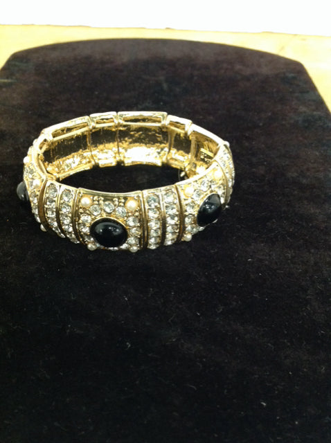 Gold w/Black Beads & Rhinestone Stretch Bracelet
