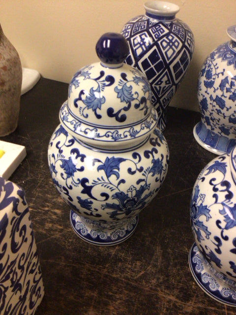 14 1/2" Blue & White Vase W/Lid