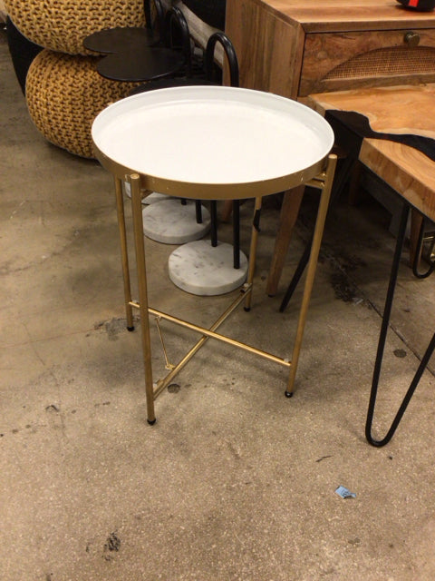 Round White Enamel Top Gold Metal End Table