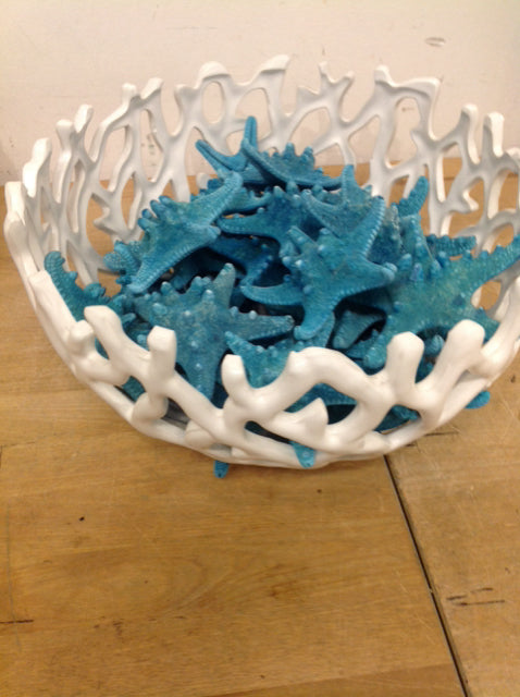 Bowl- 12" White Ceramic Coral W Blue Starfish