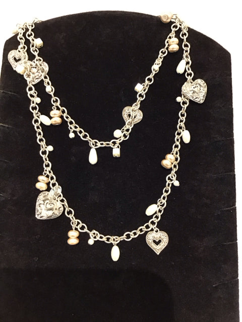 Silver Faux Pearl & Hearts Necklace