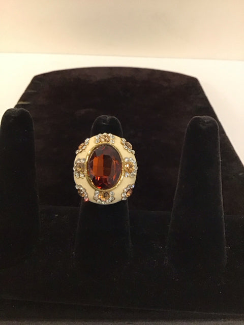 Gold Ring w/Enamel & Brown Faceted Stone