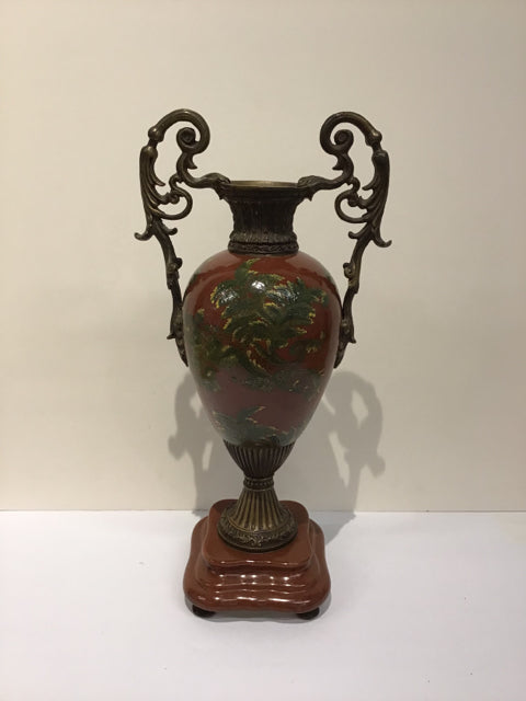 19" Red Painted Bronze Urn w/Floral Decor