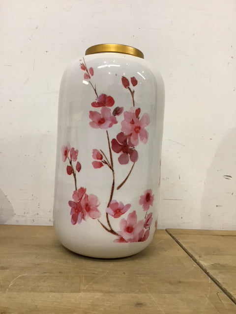 13" White W/Pink Florals Vase