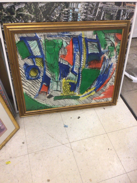 33" X 28" Green/Blue Abstract Gold Framed Oil Painting On Board