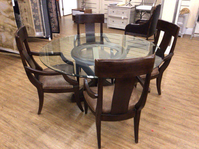 60" Bernhardt Furniture Round Glass Top Dining Table W/4 Wood & Leather Chairs