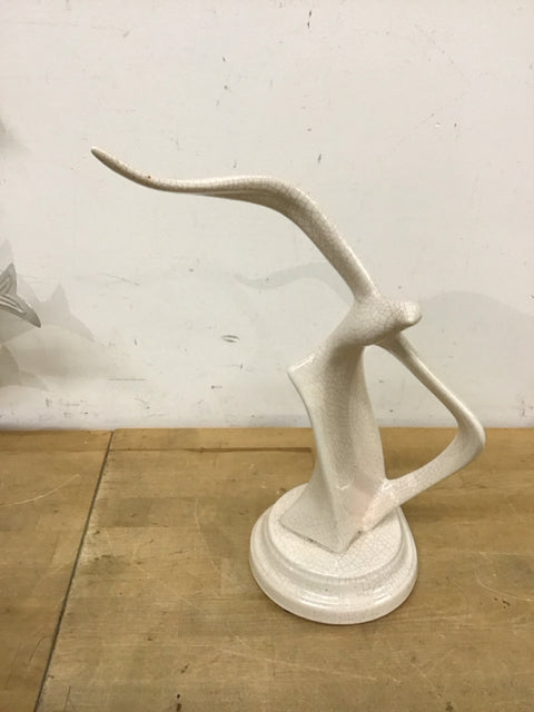 15" Cream Crackled Ceramic Bird In Flight Sculpture