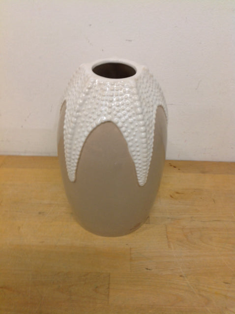 Vase- 9" Tan & White Ceramic