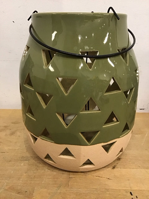 9.5" Ceramic Green & Beige Triangle Cut Out Votive Holder
