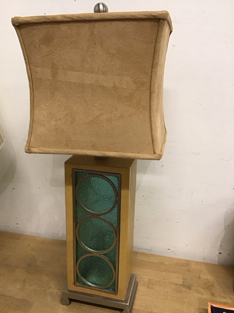 28" Wood Column Green Crackle Glass Circles Table Lamp