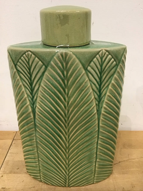 13.5" Green Ceramic Textured Leaf Pattern Lidded Jar