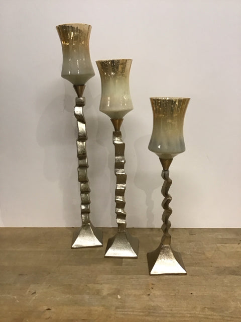 26",22",18" Graduated Gold Metal & Glass Candle Holders