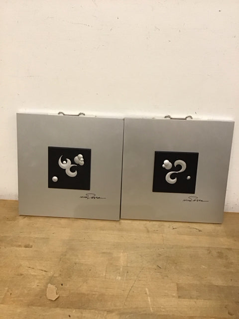 Pair Of 11.5" Silver & Black Abstract Wall Decor As Is