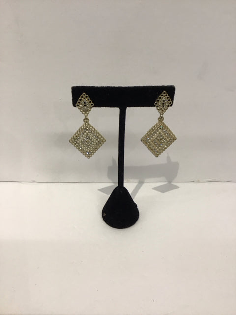 Gold Tone Diamond Shape Filigree Earrings w/CZs
