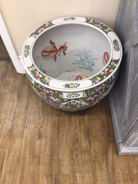 22" Round Asian Ceramic Planter On Caster Metal Base