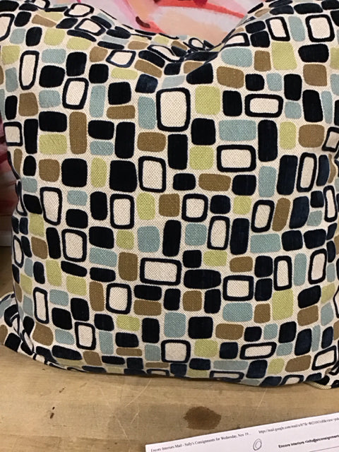 18" Mid Century Blue Ivory Brown Pattern Pillow