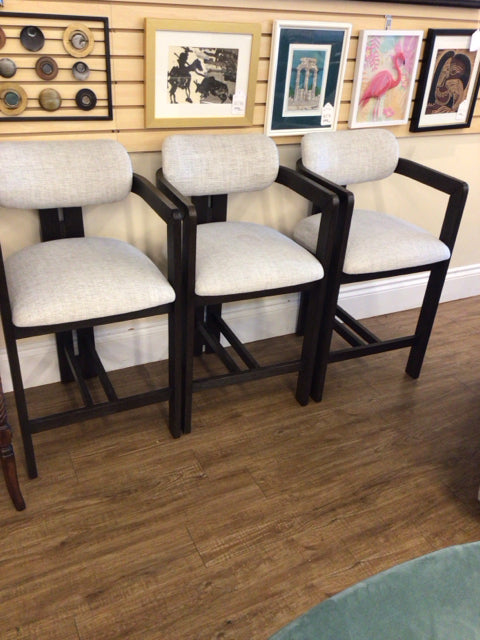 AS-IS Set Of 3 City Furniture Grey Fabric & Wood Bar Stools(Red Stain On One)