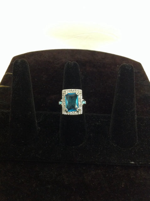 Silver Ring w/Square Blue & Rhinestones